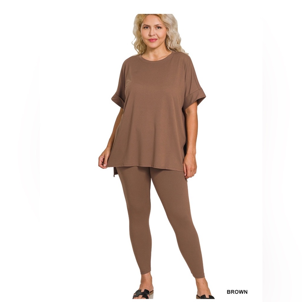 Zenana Brown Relaxed Fit short Sleeve Top and Leggings Set